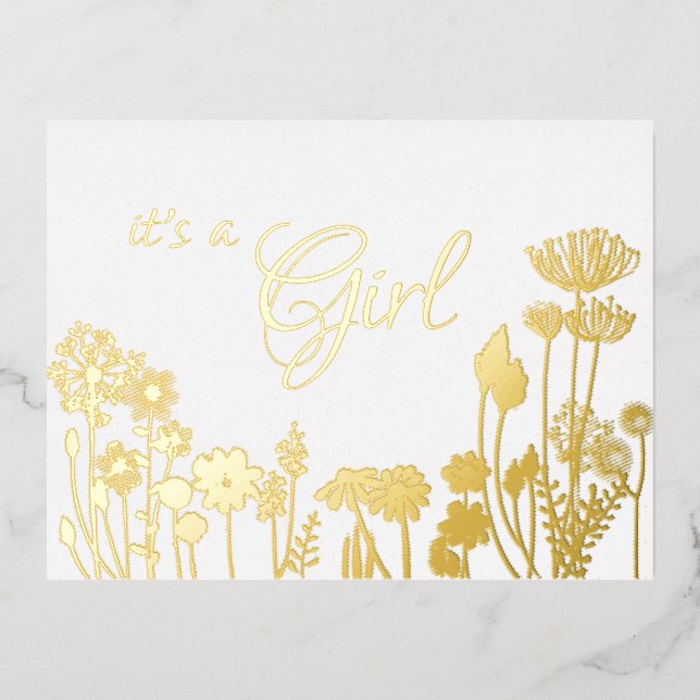 Blanc | Gold Floral c'est une fille Faire-part de  (Recto)