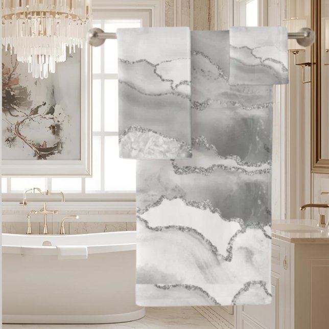 Blanc Gris Argent Paillettes Agate Élégant (Créateur téléchargé)