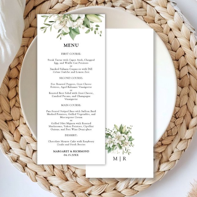 Blanc Lily Elegant Aquarelle Floral Menu Mariage (Créateur téléchargé)