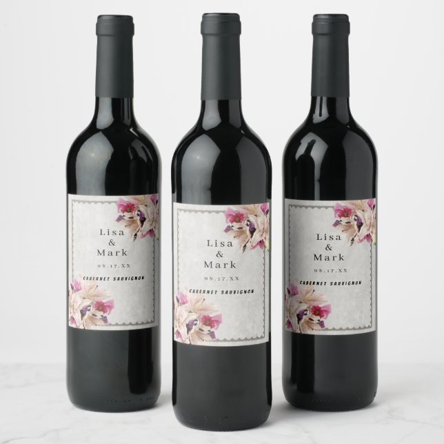 Blanc Lily Floral Marbre Mariage Vins Étiquettes (Bouteilles)