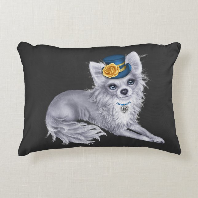 BLANC Long Haired Chihuahua Coussin en Casquette (Devant)