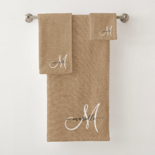 Blanc Monogramme Faux Linge Caramel Serviette de b