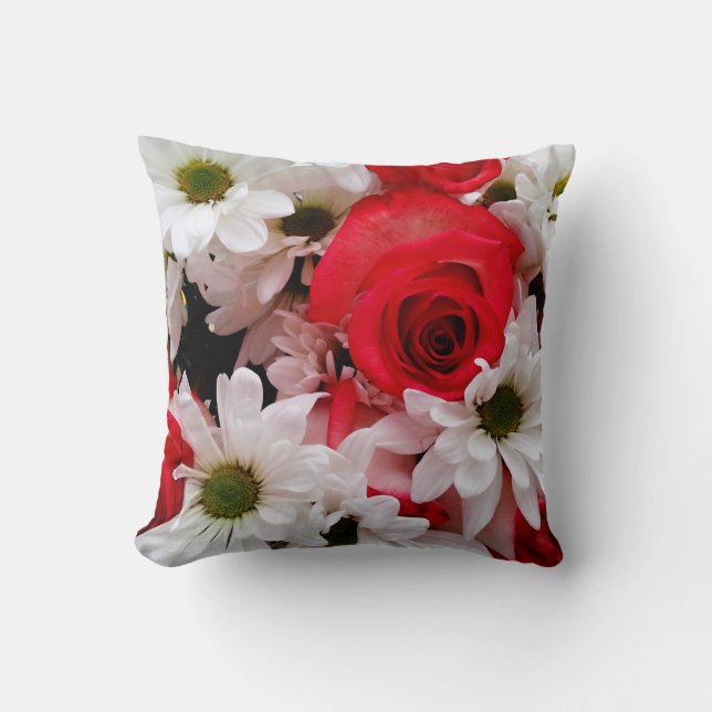 Blanc-rouge, Rose et marguerites Coussin Bouquet-S (Recto)