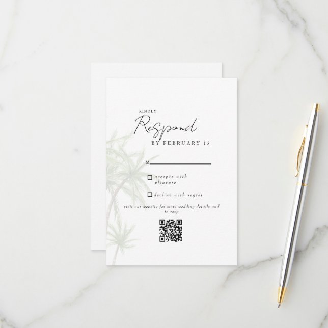 Blanc Tropical Moderne Mariage QR Code RSVP II (Devant/Arrière en situation)