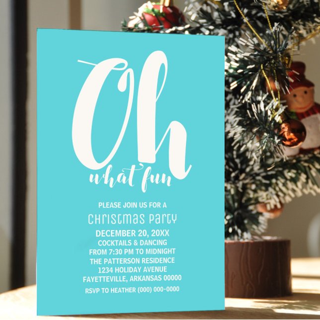 Blanc Turquoise Oh Quel Amusant Invitation de Fête (White and Turquoise Oh What Fun Holiday Party Invite)