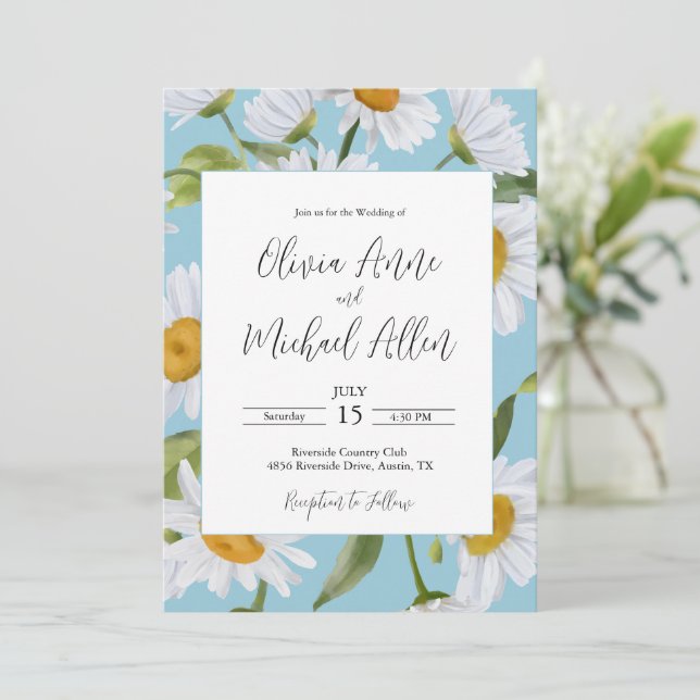 Blancs Aquarelle Bleu Faire-part de mariage (Debout devant)