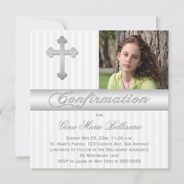 Blancs Argent Confirmation Photo Invitation (Devant)