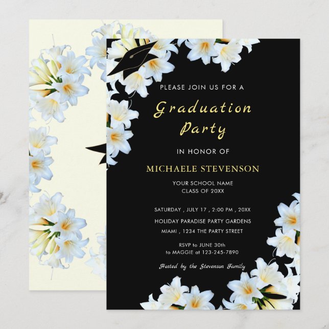 Blancs Fleur noire Invitation Gold Texte (Devant / Derrière)