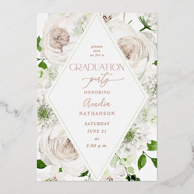 Blancs Floral Graduation Party Foil Invitation (Recto)