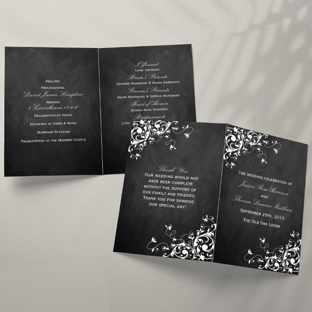 Blancs Sur Chalkboard Mariage Bi-Fold Programme (Créateur téléchargé)