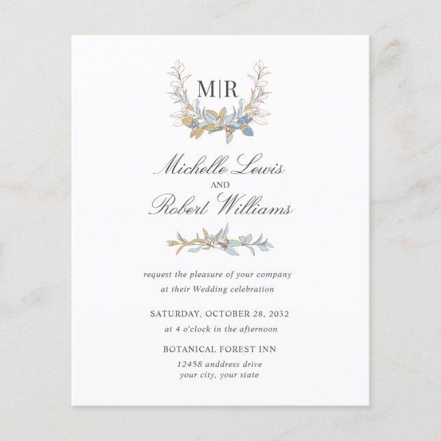 Blason Monogramme Chic Or floral bleu Photo mariag (Devant)