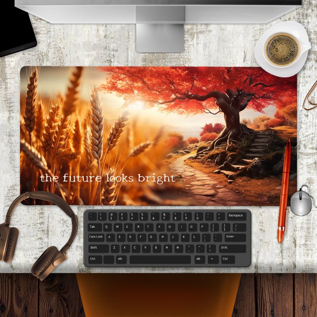 Blé Vieux Arbre Sagesse Citation Bureau Mat (Desk mat featuring a wheat field with a path and old tree, with your custom quote or wisdom)