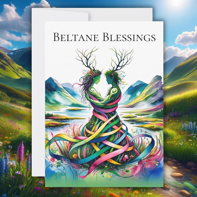 Blessures Beltane Carte de vacances Pagan Wiccan F (beltane blessings pagan wiccan witch holiday greeting card featured in front of mountains)