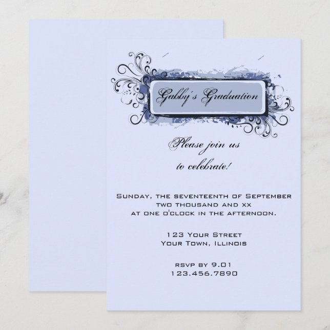 Bleu Abstrait Floral Graduation Party Invitation (Devant / Derrière)