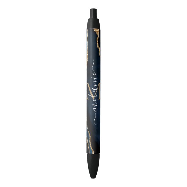 Bleu Agate Navy Blue Gold Marble Nom Lettre stylo cadea (devant Vertical)