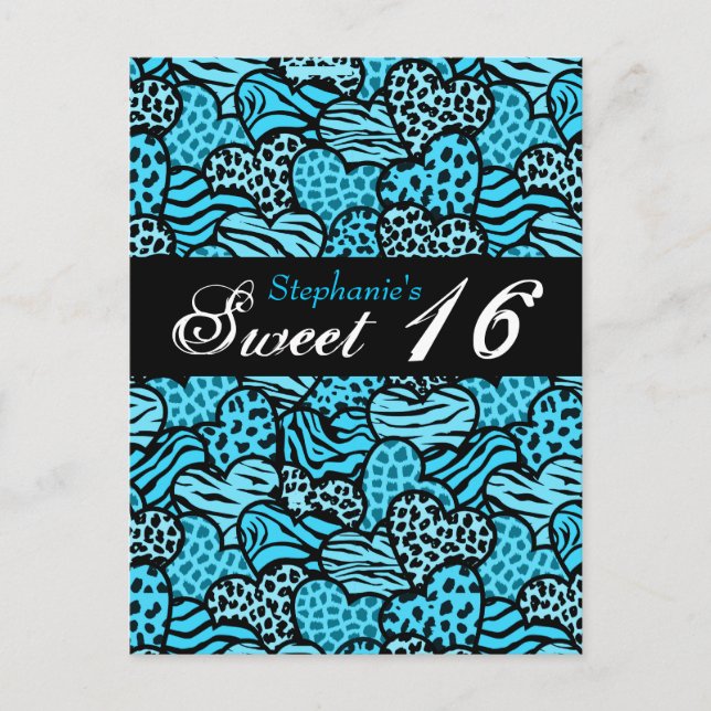 Bleu animal Coeurs motifs Sweet 16 Carte postale (Devant)