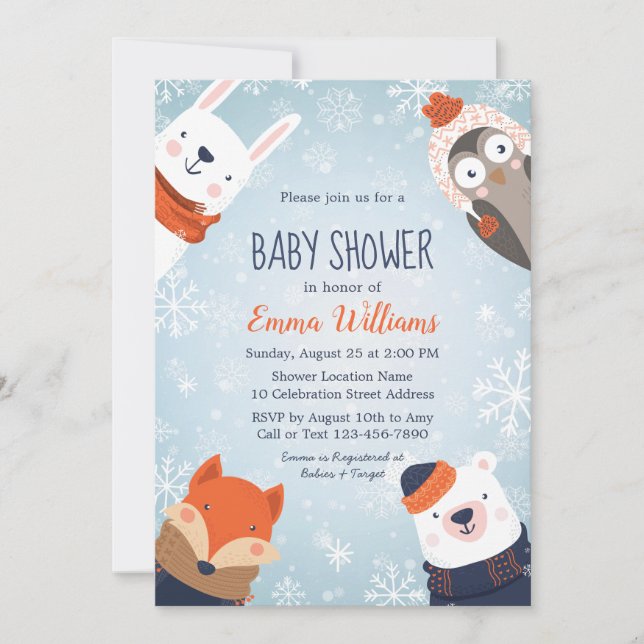Bleu Animaux d'hiver Baby shower Invitation - Bleu (Devant)