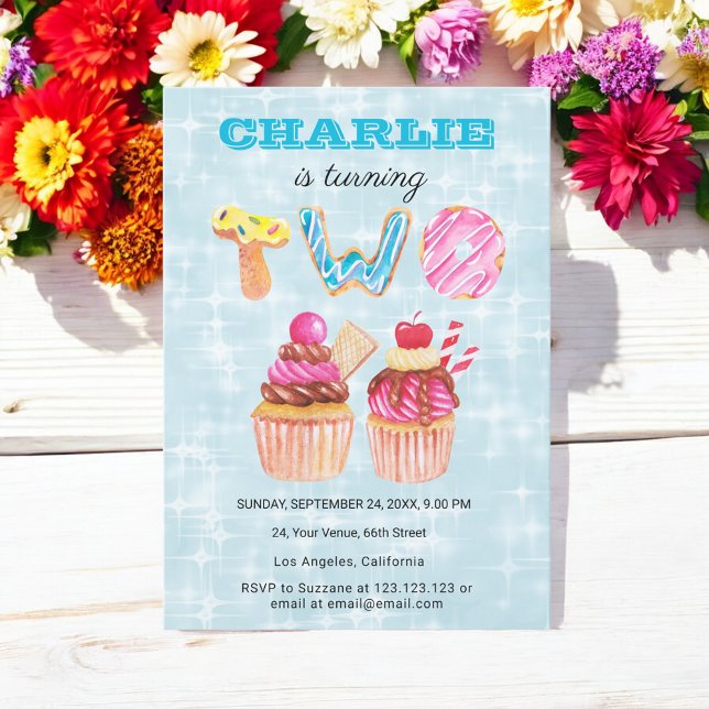 Bleu Anniversaire 2ème Cute Cup Cake Invitation (Créateur téléchargé)