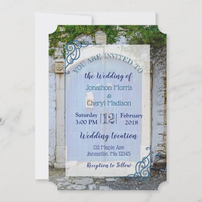 Bleu Antique Porte Romantique Invitations de maria (Devant)