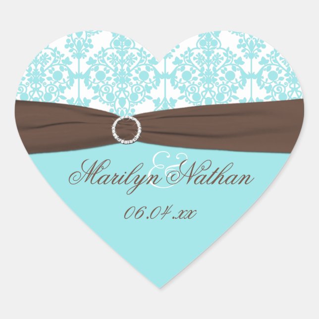 Bleu Aqua, Brown, Sticker Mariage damassé Blanc (Devant)