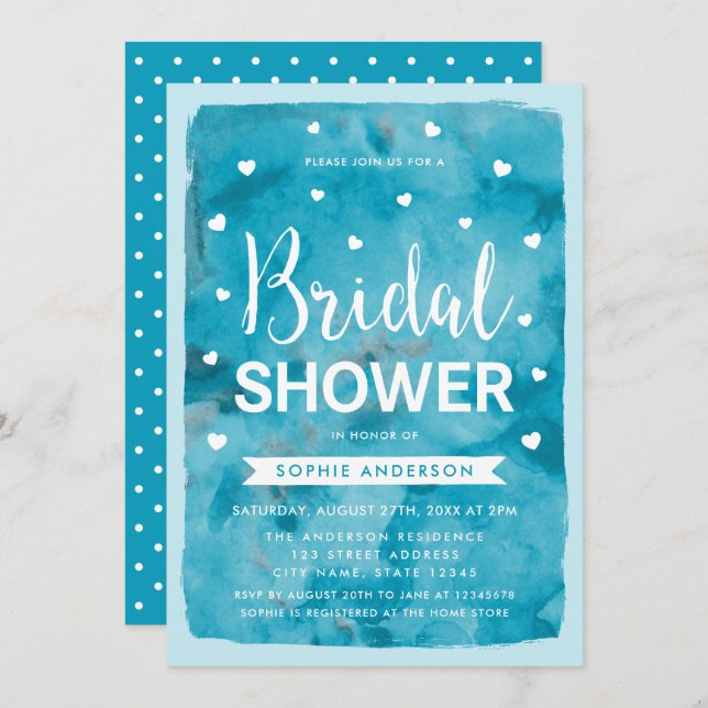 Bleu Aquarelle Coeurs Douche nuptiale Invitation (Devant / Derrière)