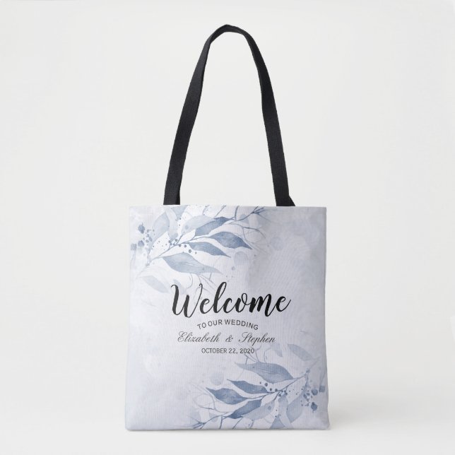 Bleu Aquarelle Feuille Mariage Bienvenue Sacs cade (Devant)