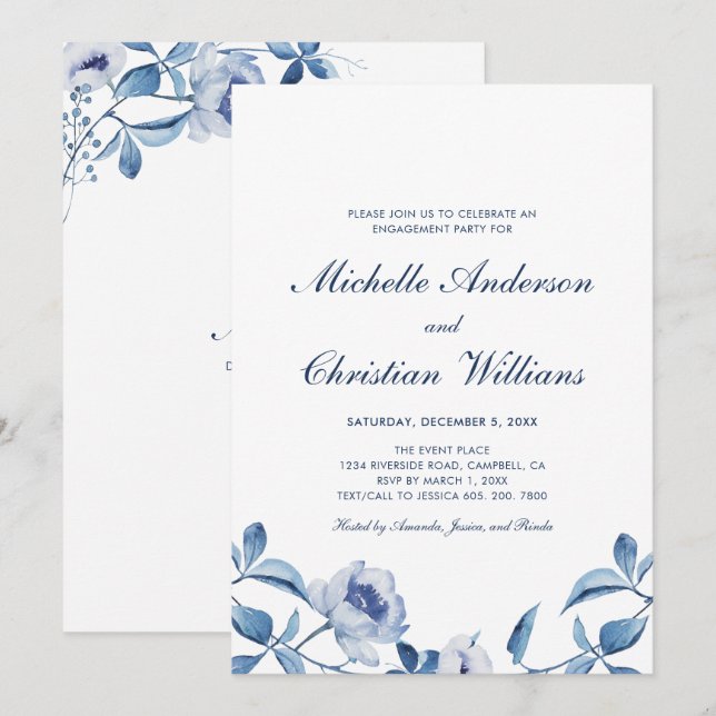 Bleu Aquarelle Floral Engagement Party Invitation (Devant / Derrière)