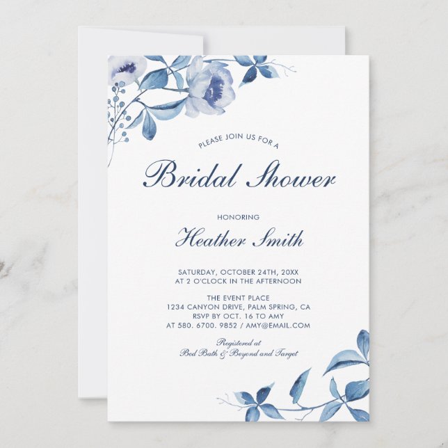 Bleu Aquarelle Florale Douche nuptiale Invitation (Devant)