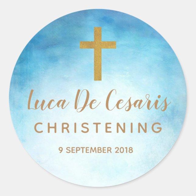 Bleu Aquarelle Gold Cross Christening sticker (Devant)