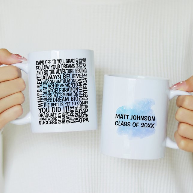 Bleu Aquarelle Graduation Typographie Mug pour lui (Créateur téléchargé)
