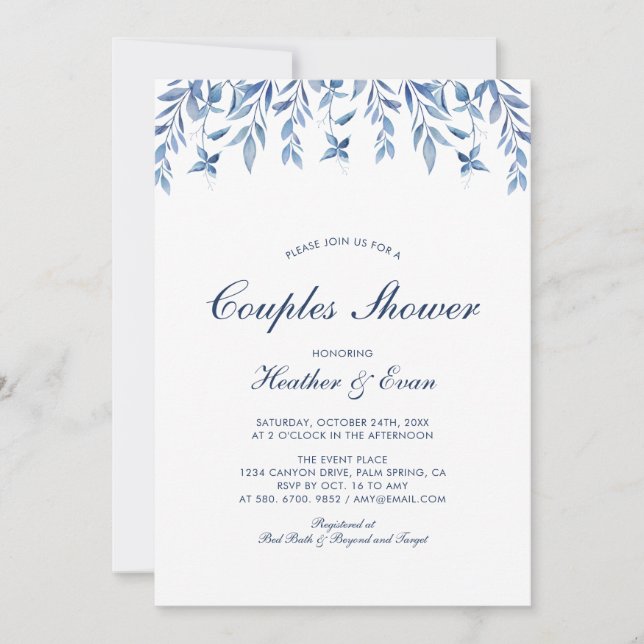 Bleu Aquarelle Mariage Couples Douche Invitation (Devant)