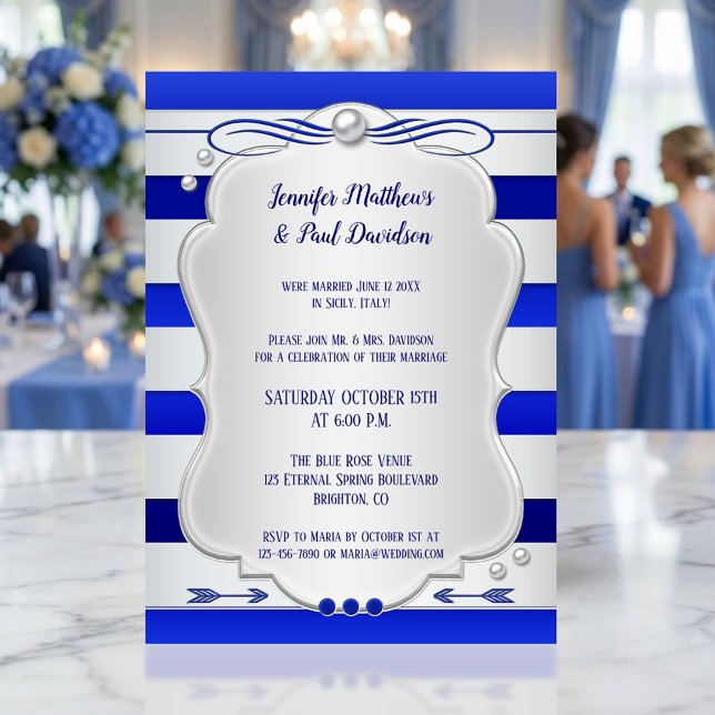 Bleu Argent Blindé Post Mariage Invitation (Post wedding party invitation featuring a silver with navy and royal blue stripe with tiny pearls)