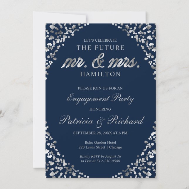 Bleu Argent Confetti Engagement Party Invitation (Devant)