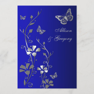 Bleu, Argent Floral Papillons Faire-part de mariag