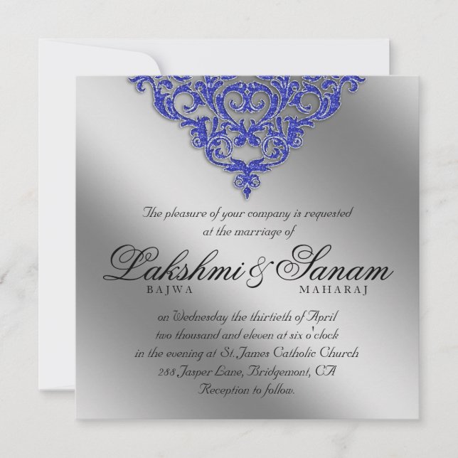 Bleu argenté de Mariage damassé Invitation (Devant)