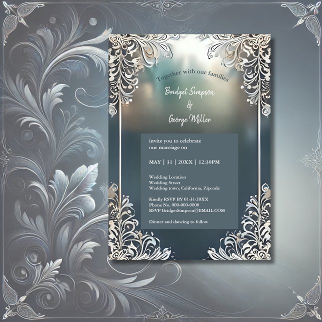 bleu art déco cadre orné invite de mariage (Créateur téléchargé)