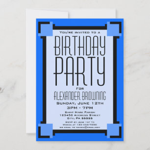 Bleu Art Déco Géométrique Anniversaire Fête Invita