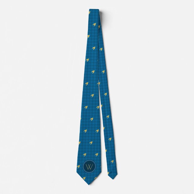 Bleu avec Accent Or Houndstooth Cravate masculin (Devant)