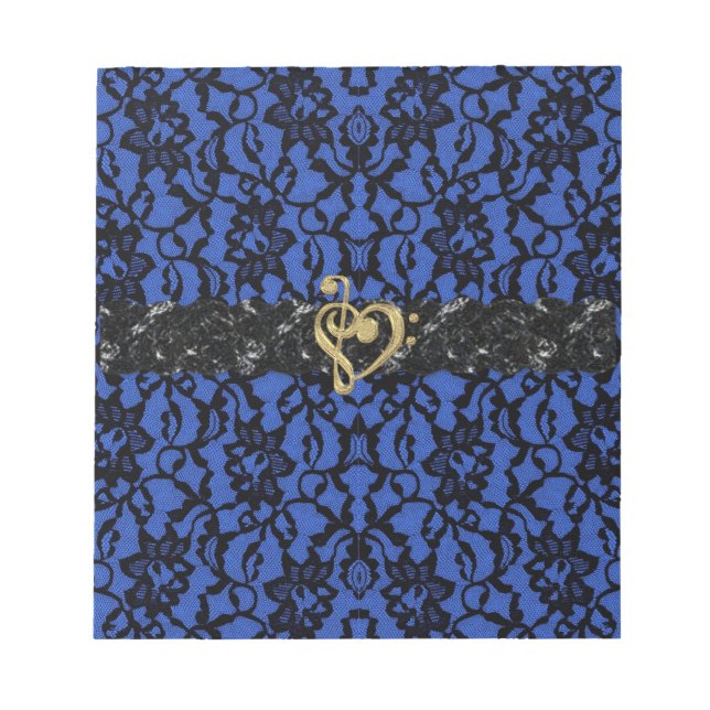 Bleu avec Black Lace et Gold Music Heart Bloc-note (Devant)