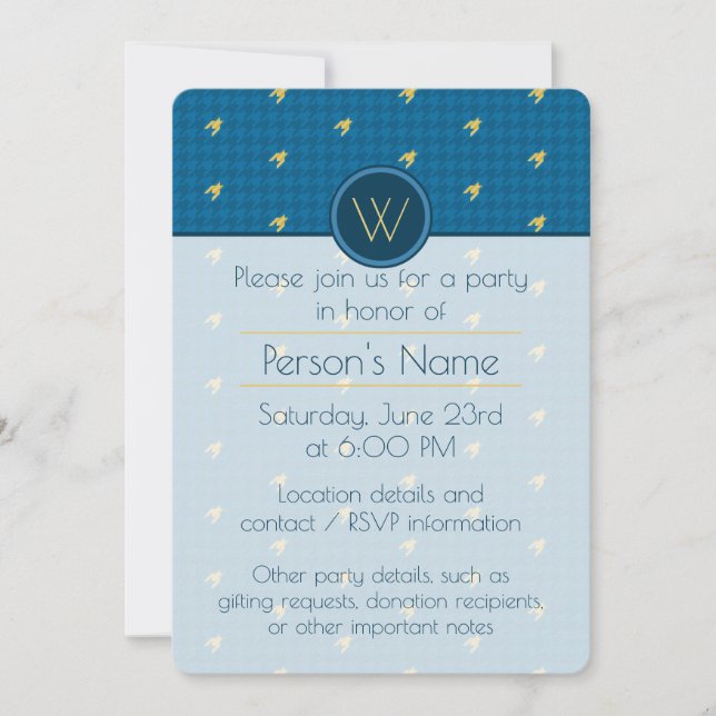 Bleu avec or Accent Houndstooth Party Invitation (Devant)