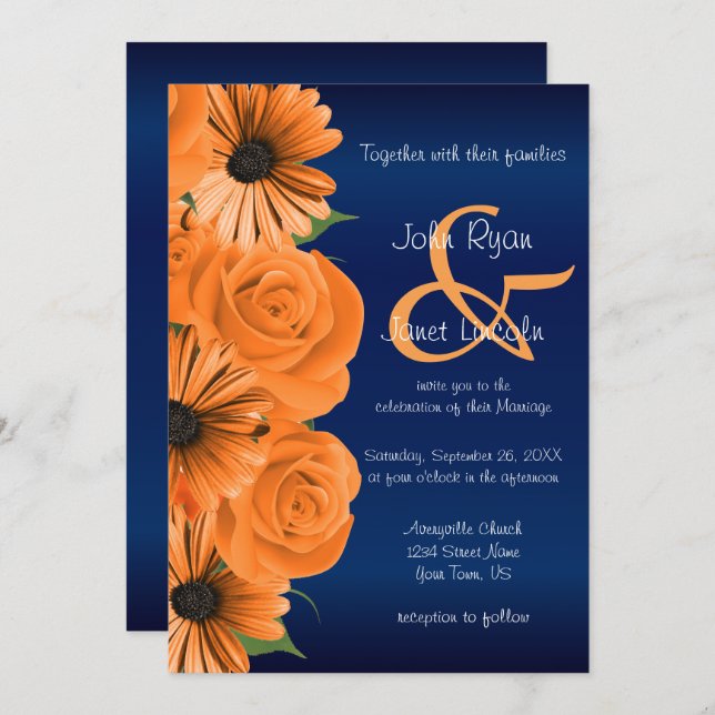 Bleu avec Rose orange et invitation de mariage de  (Devant / Derrière)