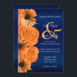 Bleu avec Rose orange et invitation de mariage de<br><div class="desc">Faire-part de mariage. Présenté dans un beau bouquet orangé rose sur un arrière - plan bleu marine. Les produits correspondants sont disponibles - REMARQUE : SEULEMENT CHANGER LES ZONES MODÈLES NÉCESSAIRES! 😀 Si nécessaire, vous pouvez supprimer le texte et commencer à ajouter le texte et la police que vous voulez....</div>