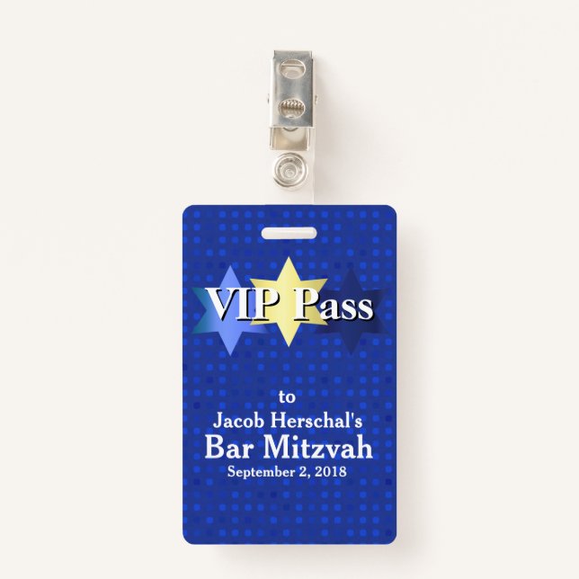 Bleu avec Stars Bar Mitzvah VIP Party Badge (Devant avec clip)