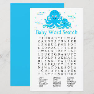 Bleu Baby shower Octopus Word Recherche Jeu