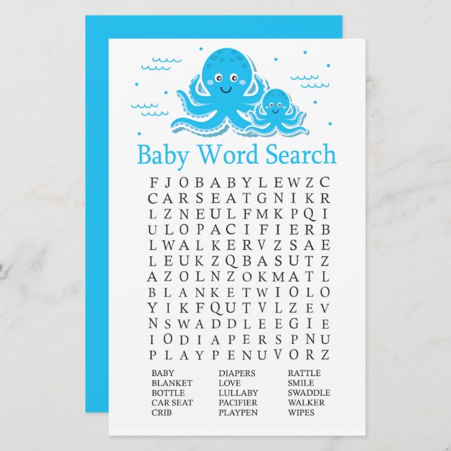 Bleu Baby shower Octopus Word Recherche Jeu (Devant / Derrière)