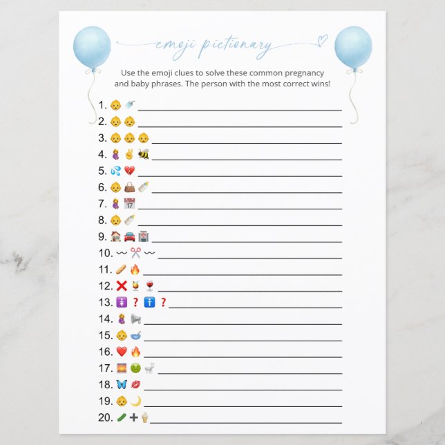 Bleu Balloon Emoji Pictionary Baby shower Jeu (Devant)