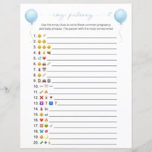 Bleu Balloon Emoji Pictionary Baby shower Jeu