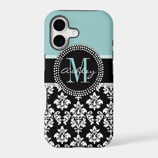 BLEU, BLACK DAMASK, VOTRE MONOGRAM, VOTRE NOM
