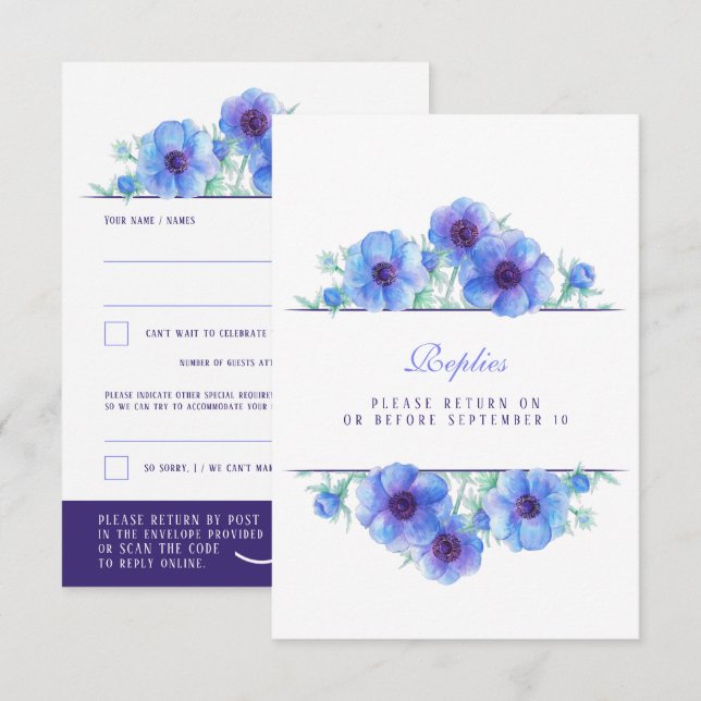 Bleu blanc anémone floral mariage QR réponse RSVP (Devant / Derrière)