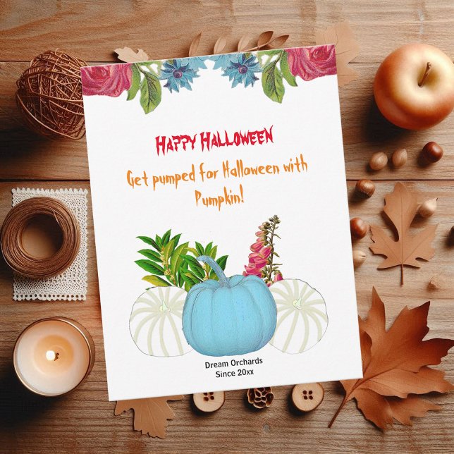 Bleu blanc Bleu Chute Citrouille Aquarelle Flore V (White Blue Fall Pumpkin Watercolor Floral Greenery)